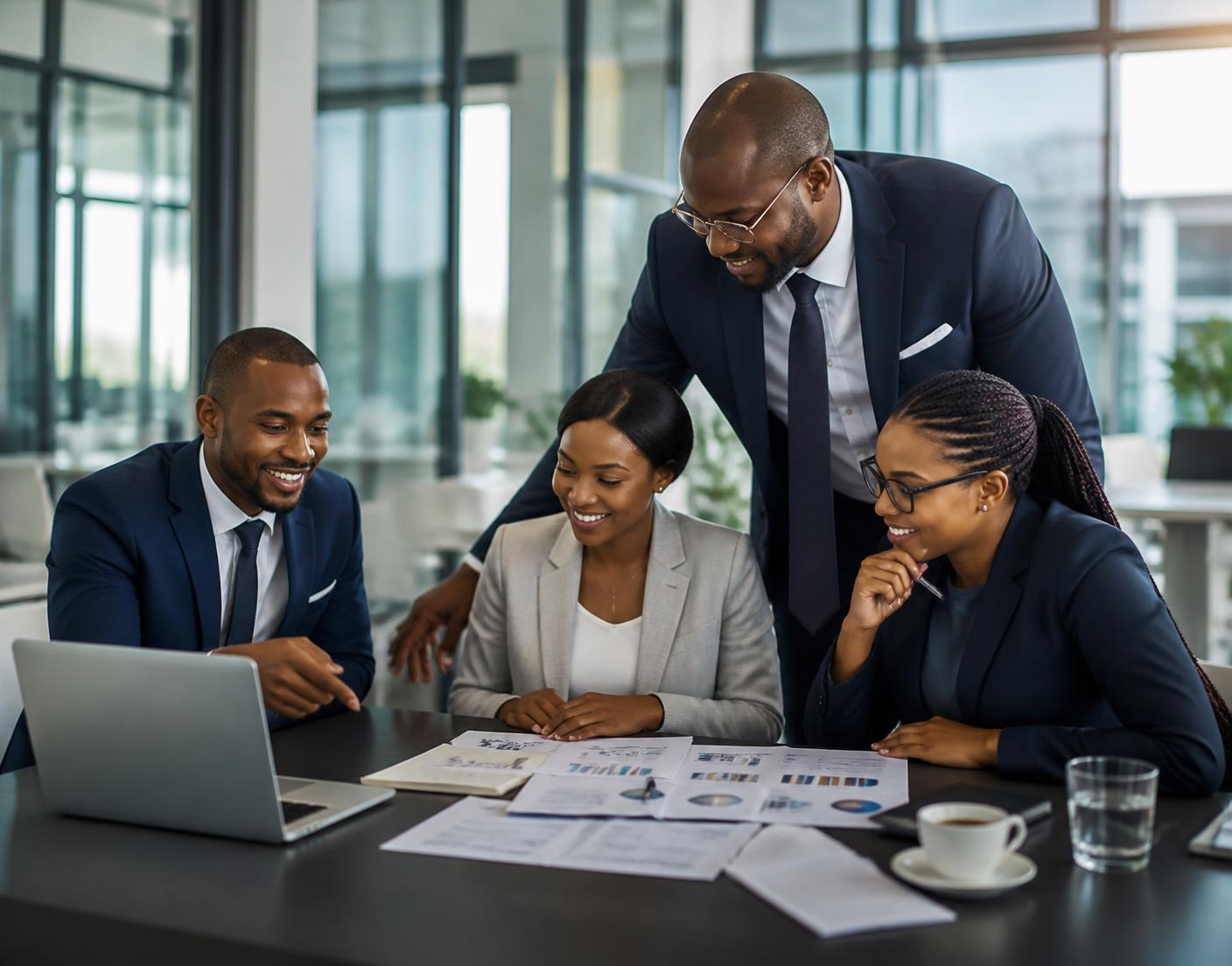 African business professionals collaborating on recruitment, sales and digital marketing growth in a modern office